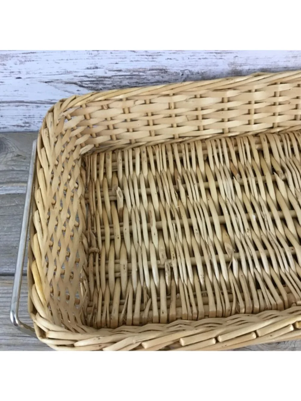 Vintage Glasbake 2½ Qt Rectangular Glass Dish w/ Wicker Basket & Metal Frame